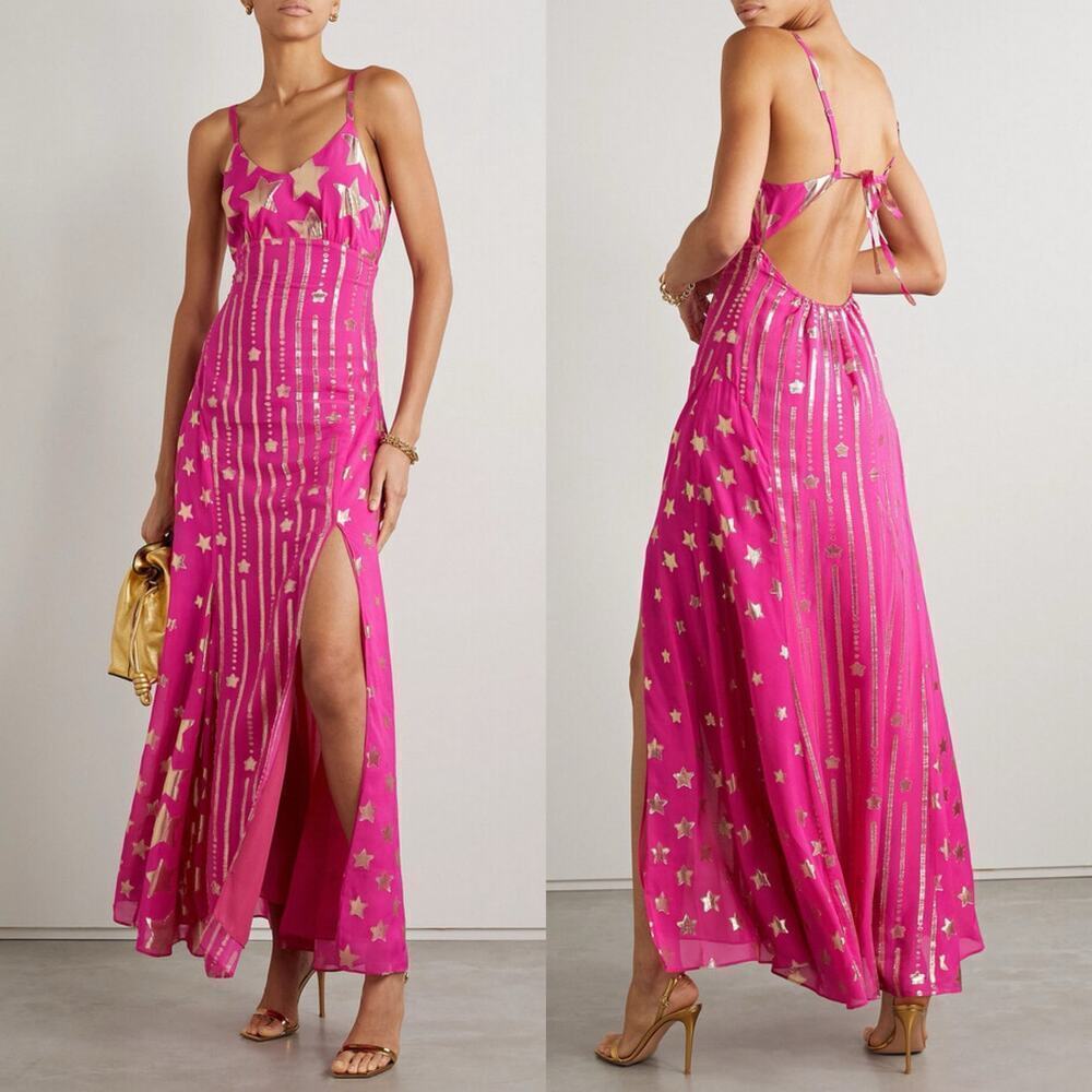 LoveShackFancy NWT Shine Maxi Dress Very Berry Pink/Gold Size 0 Low/Open Back